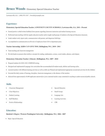 Elementary Special Education Teacher Resume