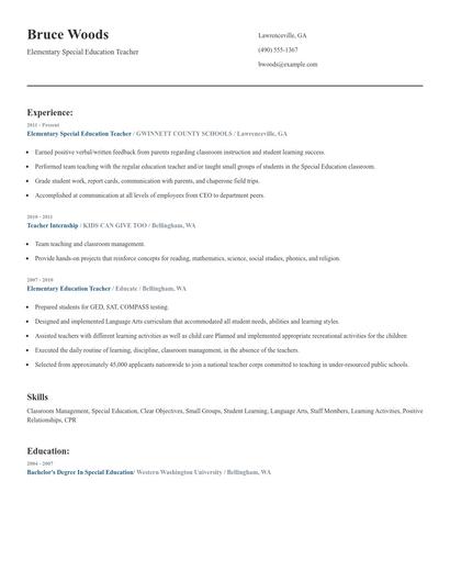 Elementary Special Education Teacher Resume