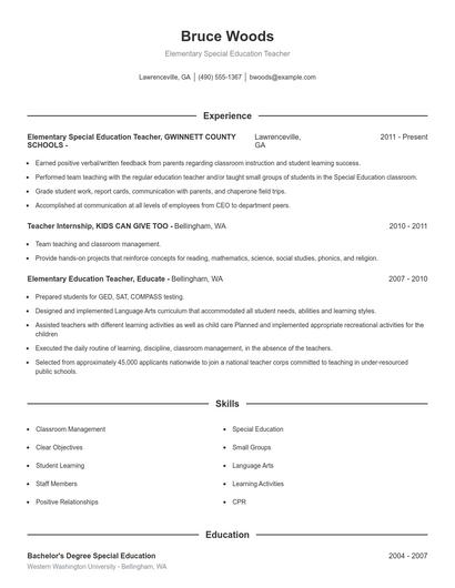 Elementary Special Education Teacher Resume