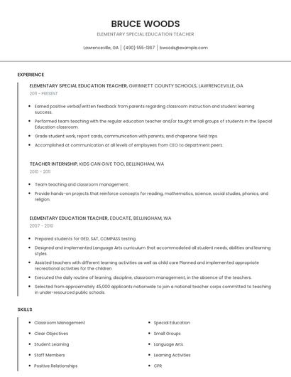 Elementary Special Education Teacher Resume