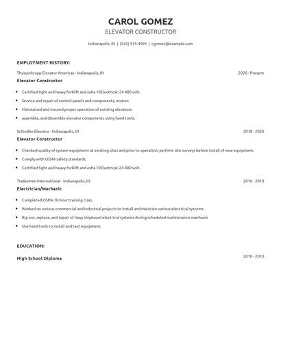 Elevator Constructor Resume