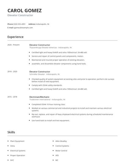 Elevator Constructor Resume