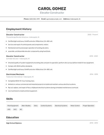 Elevator Constructor Resume
