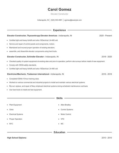 Elevator Constructor Resume