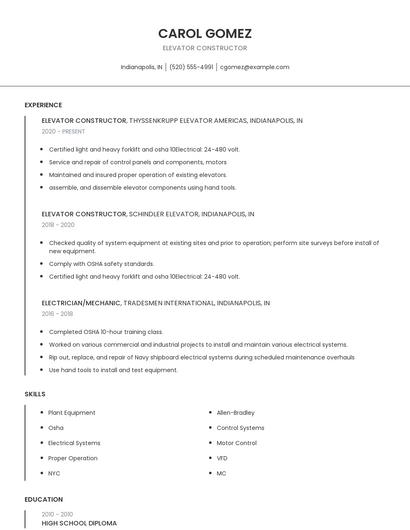 Elevator Constructor Resume