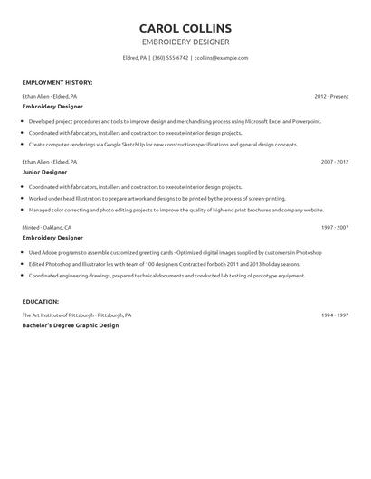 Embroidery Designer Resume