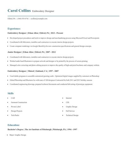 Embroidery Designer Resume