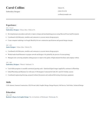 Embroidery Designer Resume