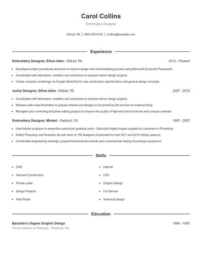 Embroidery Designer Resume
