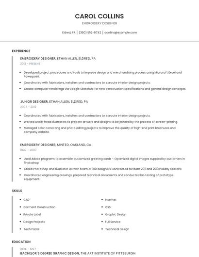 Embroidery Designer Resume
