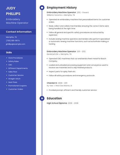 Embroidery Machine Operator Resume