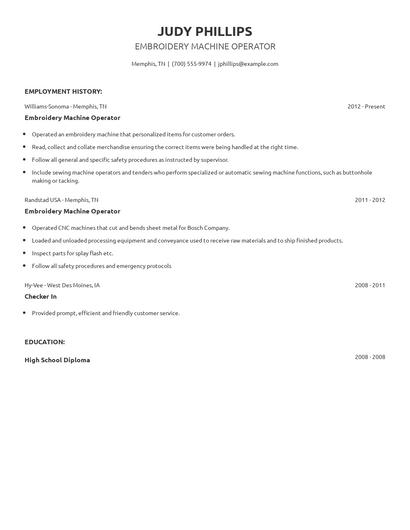 Embroidery Machine Operator Resume