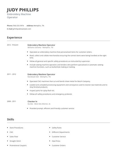 Embroidery Machine Operator Resume