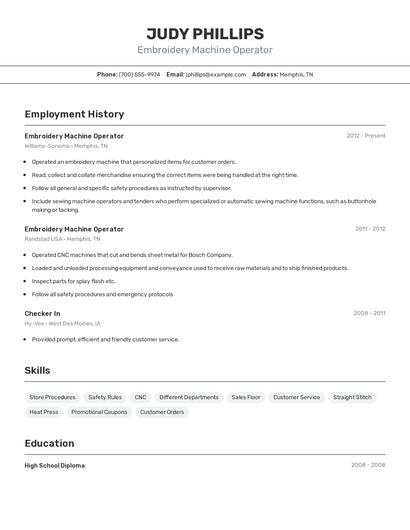 Embroidery Machine Operator Resume