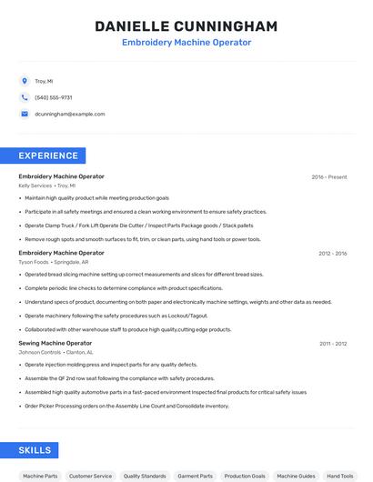 Embroidery Machine Operator Resume