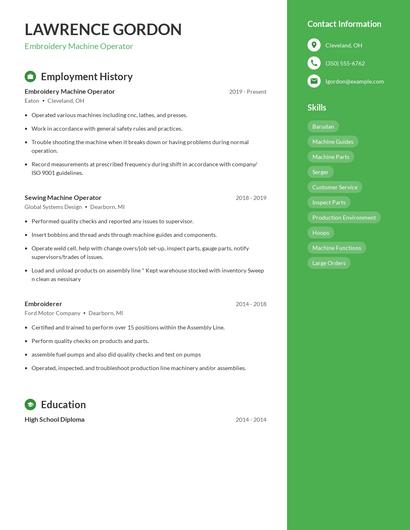 Embroidery Machine Operator Resume