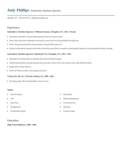Embroidery Machine Operator Resume
