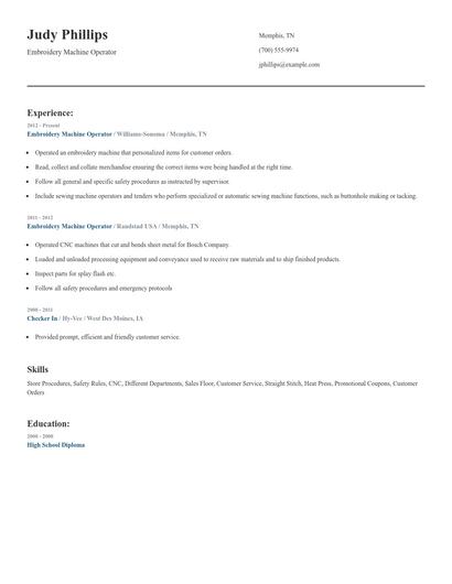 Embroidery Machine Operator Resume