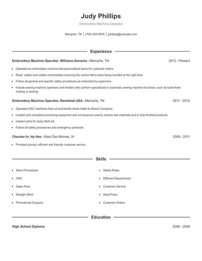 Embroidery Machine Operator Resume