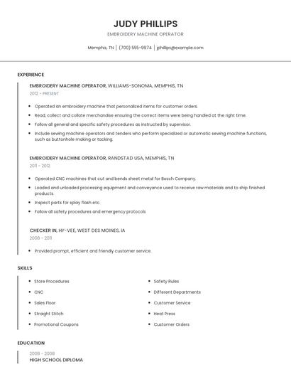 Embroidery Machine Operator Resume