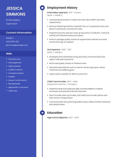 Embroidery Operator Resume
