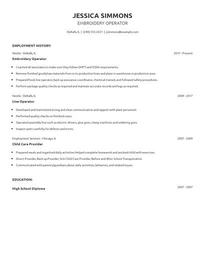 Embroidery Operator Resume