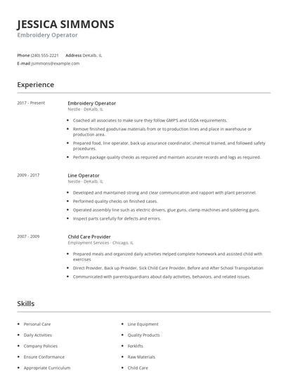 Embroidery Operator Resume