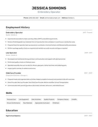 Embroidery Operator Resume