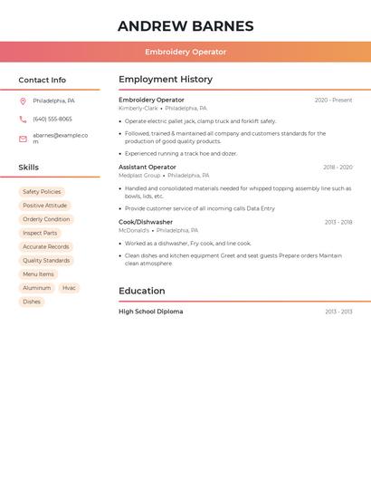 Embroidery Operator Resume