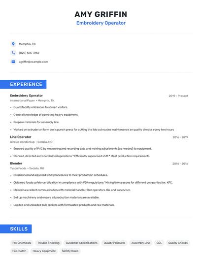 Embroidery Operator Resume
