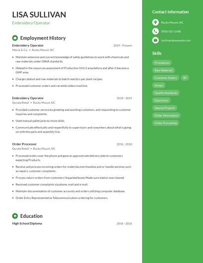 Embroidery Operator Resume