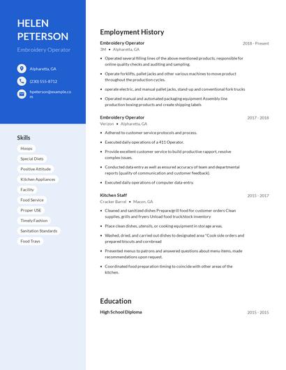 Embroidery Operator Resume