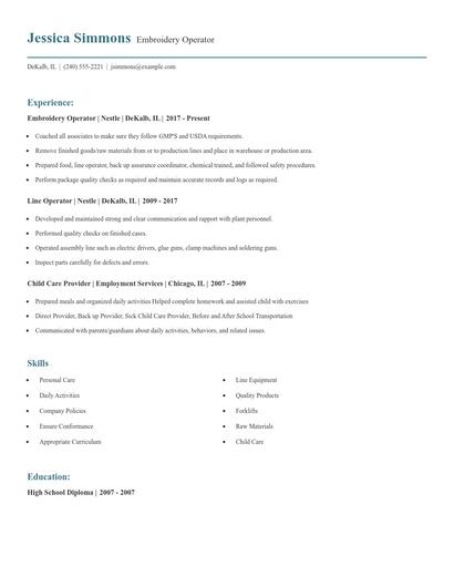 Embroidery Operator Resume