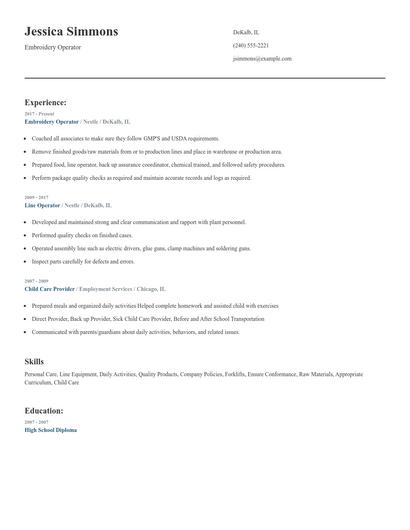 Embroidery Operator Resume