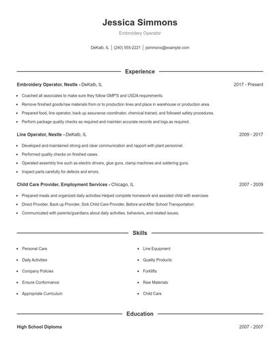 Embroidery Operator Resume