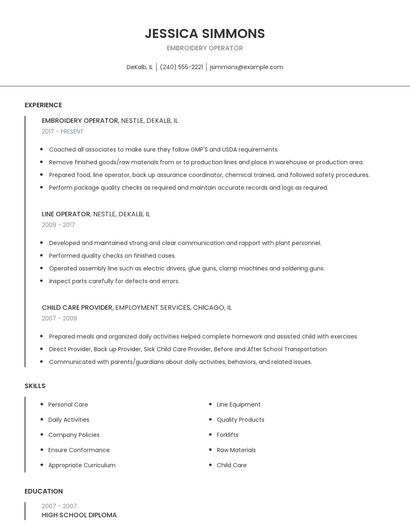 Embroidery Operator Resume
