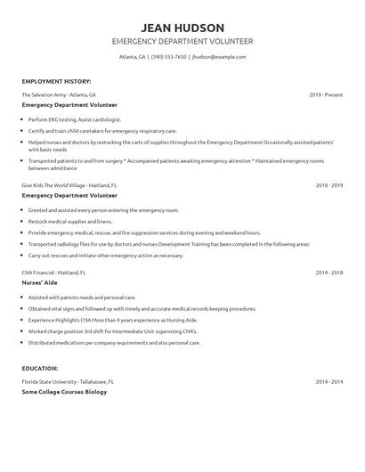 Emergency Department Volunteer Resume