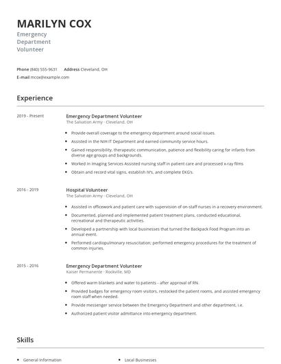 Emergency Department Volunteer Resume