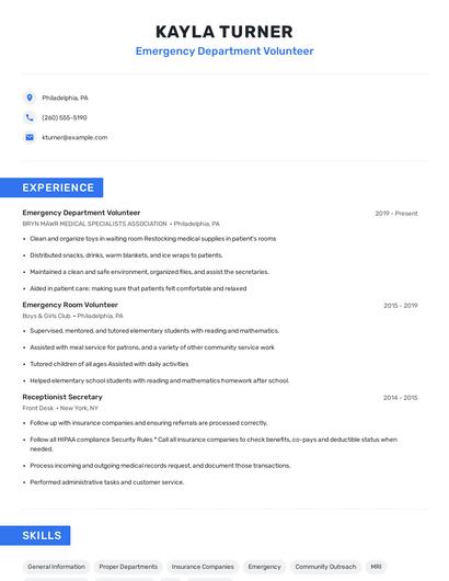 Emergency Department Volunteer Resume