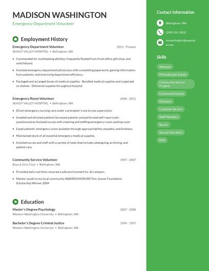 Emergency Department Volunteer Resume