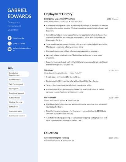 Emergency Department Volunteer Resume