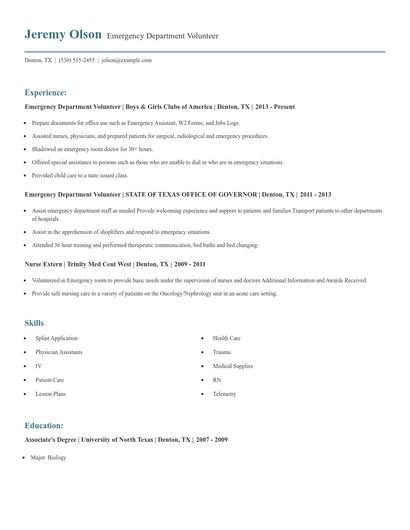 Emergency Department Volunteer Resume