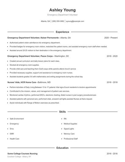 Emergency Department Volunteer Resume