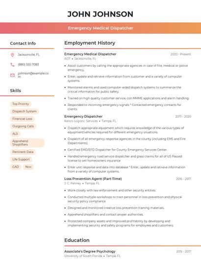 Emergency Medical Dispatcher Resume