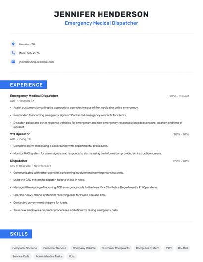 Emergency Medical Dispatcher Resume