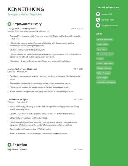 Emergency Medical Dispatcher Resume