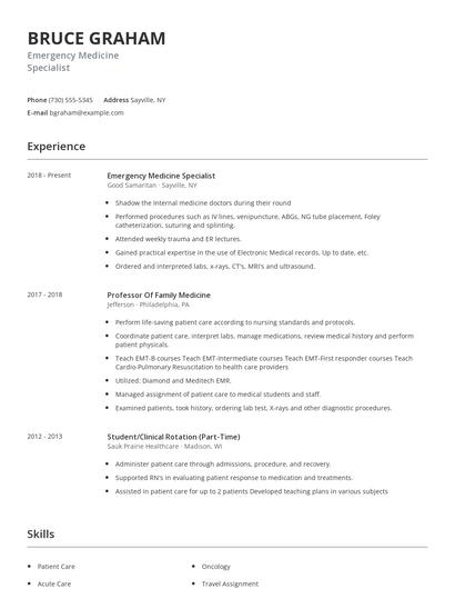 Emergency Medicine Specialist Resume
