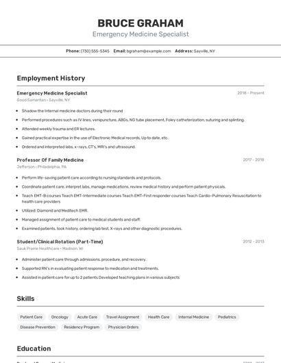 Emergency Medicine Specialist Resume