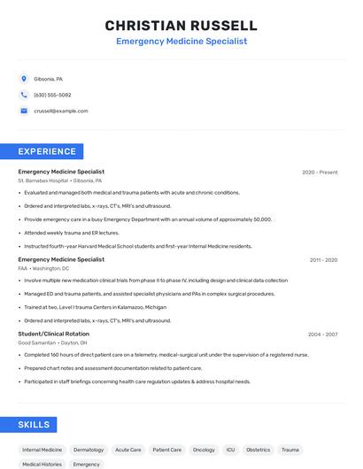 Emergency Medicine Specialist Resume