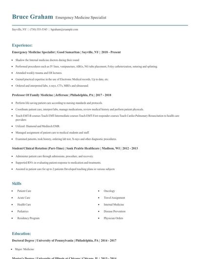 Emergency Medicine Specialist Resume